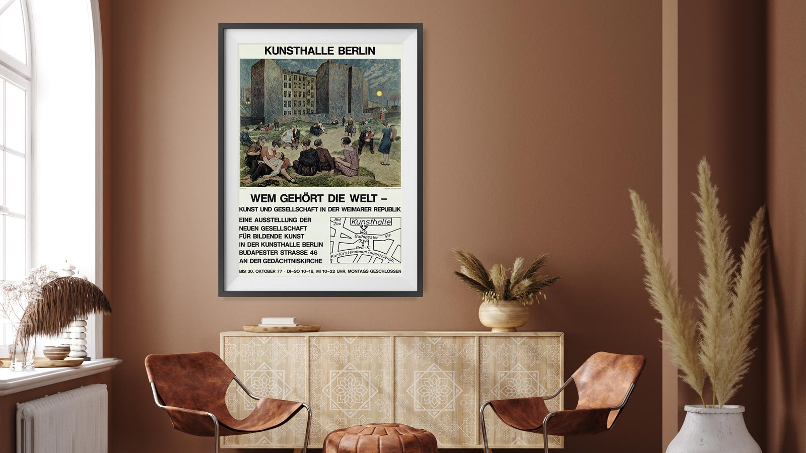 "Plakat mit dem Titel 'Wem gehört die Welt – Kunst und Gesellschaft in der Weimarer Republik', das den gesellschaftlichen Umbruch und die soziale Frage dieser Epoche thematisiert.