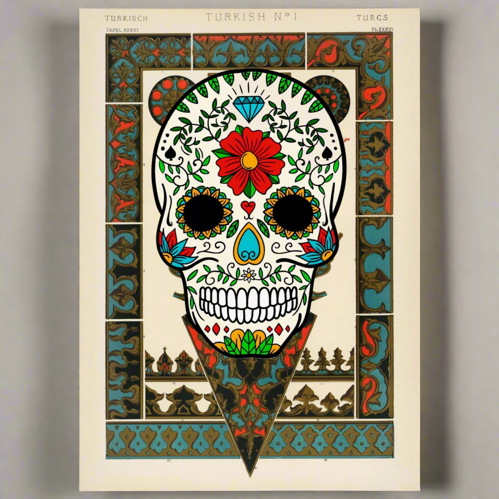 Vibrant Mexican Skull Poster on Turkish Carpet Pattern - Museum Quality, Multiple Sizes