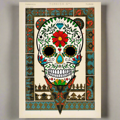 Vibrant Mexican Skull Poster on Turkish Carpet Pattern - Museum Quality, Multiple Sizes