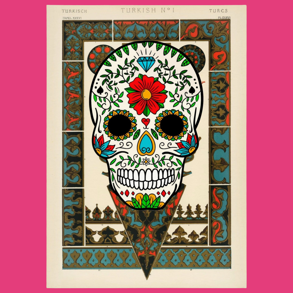 Vibrant Mexican Skull Poster on Turkish Carpet Pattern - Museum Quality, Multiple Sizes