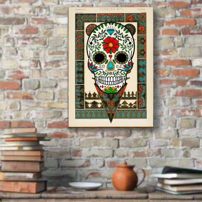 Vibrant Mexican Skull Poster on Turkish Carpet Pattern - Museum Quality, Multiple Sizes